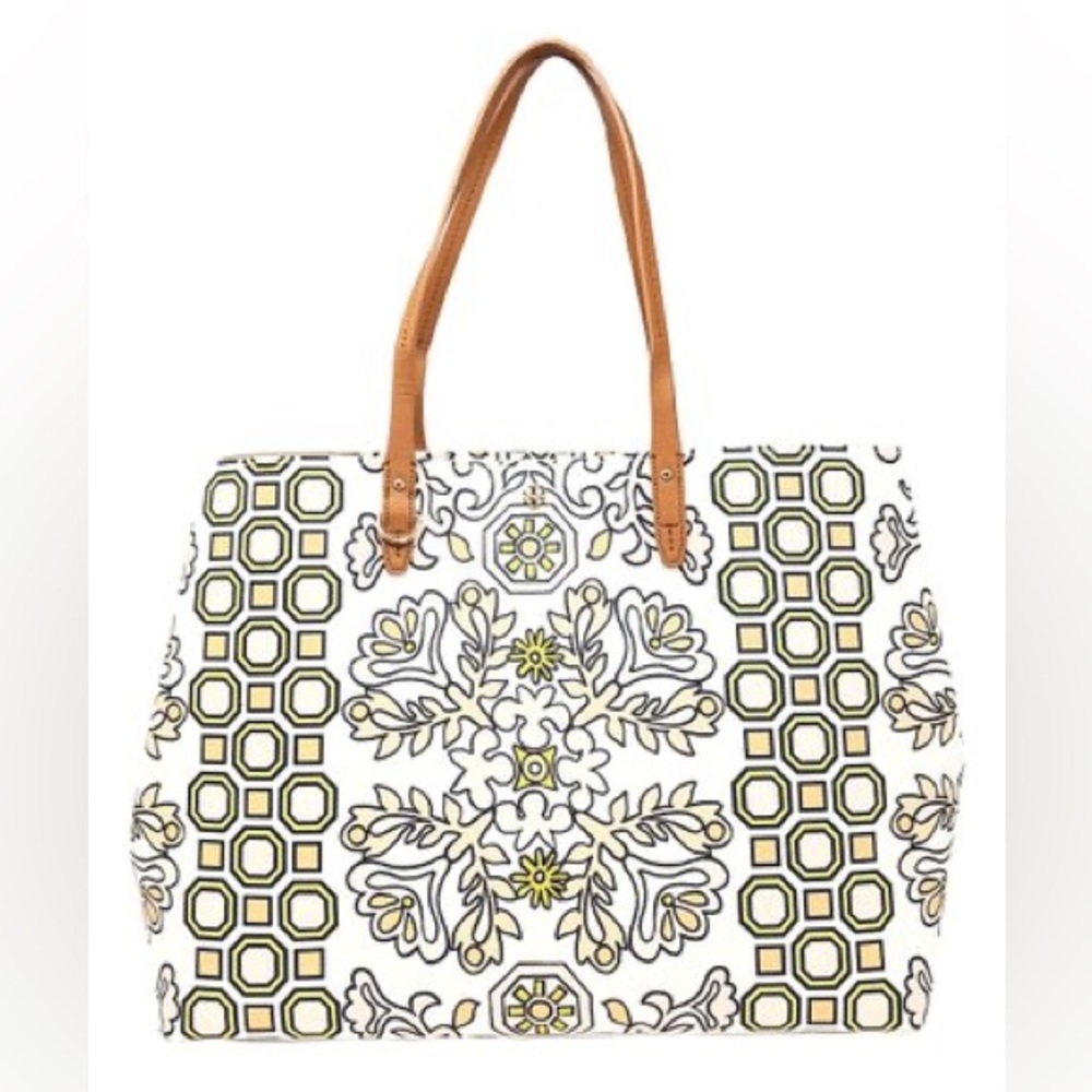 Tory Burch White, Tan & Yellow Printed Tote